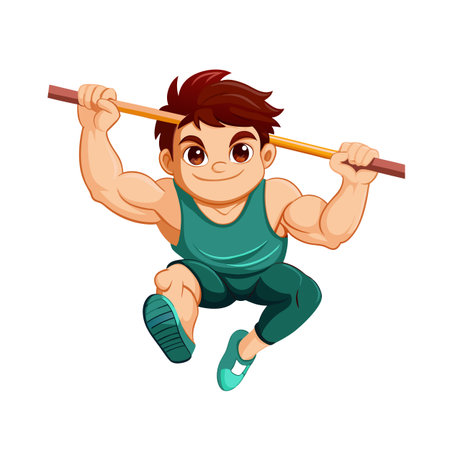 Cartoon athlete doing pull-ups with determined look on face