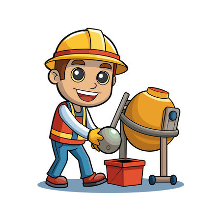 Cheerful Construction Worker Mixing Cement Cartoon Illustration Styleのイラスト素材