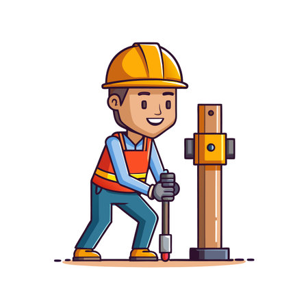 Cartoon construction worker operating machinery with safety equipmentのイラスト素材