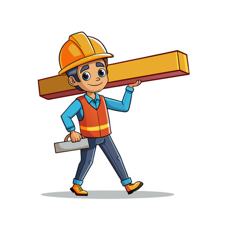 Cartoon construction worker carries wooden beam and trowelのイラスト素材