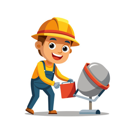 Cartoon construction worker using concrete mixer for building projectのイラスト素材