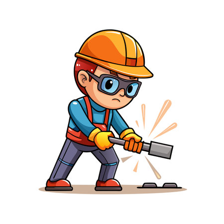 Construction worker cartoon character hammering at the pavement hardのイラスト素材