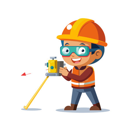 Cartoon construction worker using surveying instrument against white backdrop