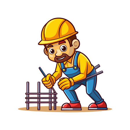 Cartoon construction worker building metal structure in vibrant colorsのイラスト素材