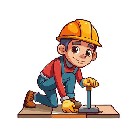 Cartoon worker installing floor tiles with a specialized toolのイラスト素材