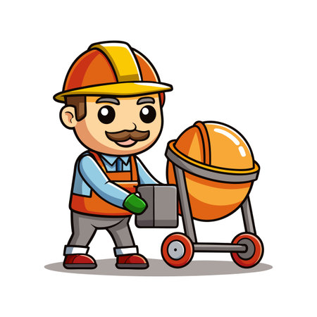 Cartoon construction worker operating cement mixer vector illustration designのイラスト素材