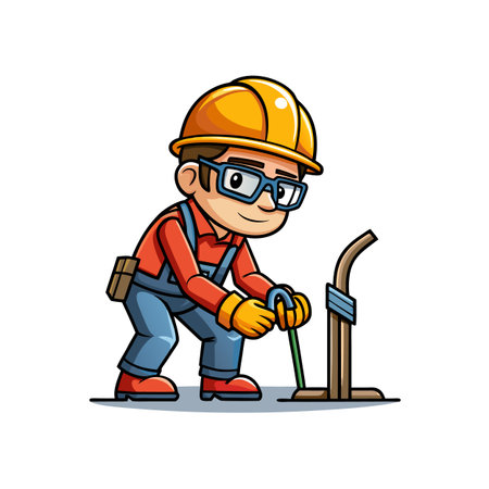 Cartoon worker bending metal with tool in yellow helmetのイラスト素材