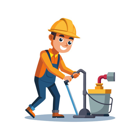 Cartoon construction worker with floor cleaning machine illustrationのイラスト素材