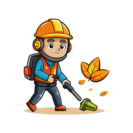 Cartoon leaf blower operator cleaning autumn leaves illustration graphic