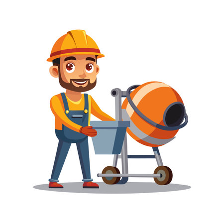 Cartoon builder with concrete mixer and bucket illustrationのイラスト素材