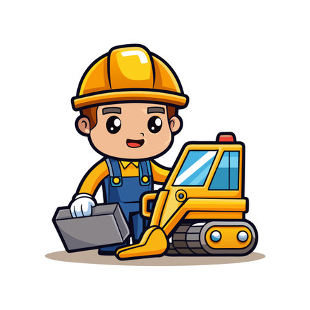 Cute construction worker with bulldozer cartoon illustration vectorのイラスト素材