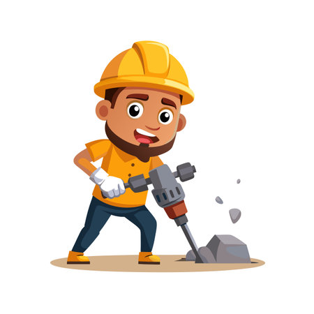 Cartoon construction worker using jackhammer breaking rock formationのイラスト素材