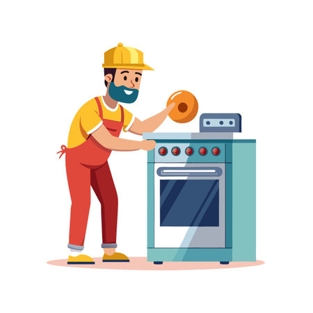 Repairman fixing oven cooktop burner with modern graphic styleのイラスト素材