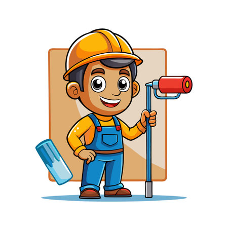 Cartoon construction worker with paint roller and paint canのイラスト素材