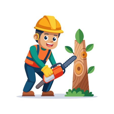 Cartoon lumberjack cutting tree trunk with chainsaw vector imageのイラスト素材