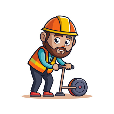 Cartoon builder measures construction site with distance measuring wheelのイラスト素材
