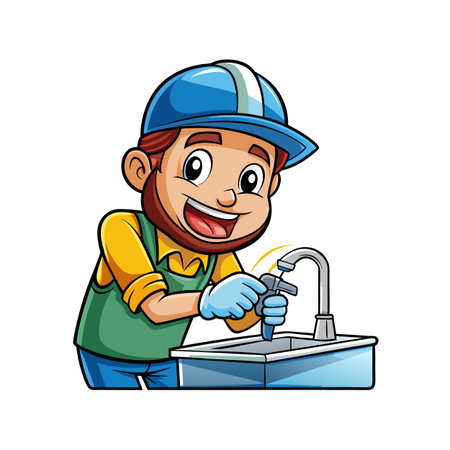 Cartoon plumber fixing faucet, plumbing repair service illustrationのイラスト素材