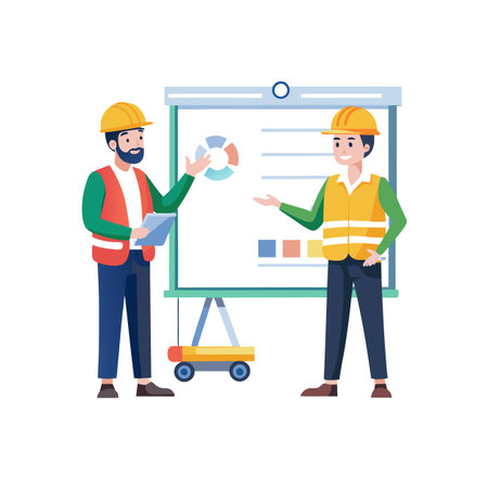 Construction workers presenting project data on a whiteboardのイラスト素材