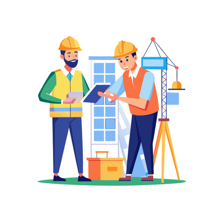 Construction workers discussing plans at the construction siteのイラスト素材