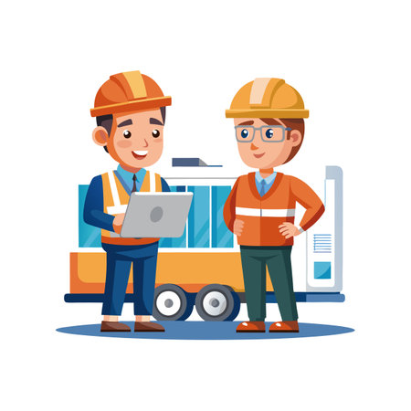 Engineers discussing project details near vehicle with a laptopのイラスト素材