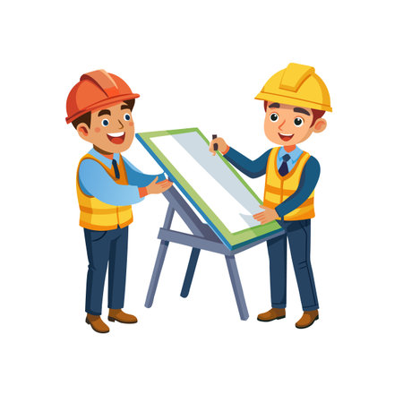 Two engineers working on a blueprint together cheerfullyのイラスト素材