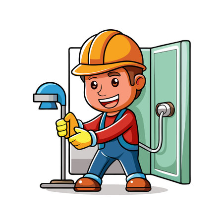 Cartoon handyman fixing a faucet and electrical outletのイラスト素材