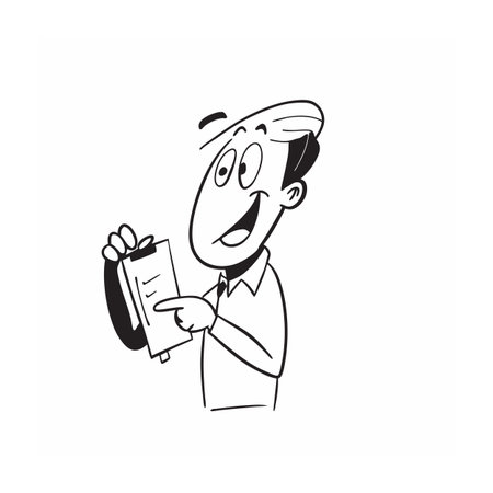 Cartoon man presenting notes on clipboard, black and whiteのイラスト素材