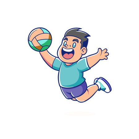 Cartoon boy jumping to spike a colorful volleyballのイラスト素材