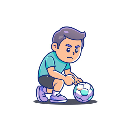 Cartoon boy concentrating on positioning a soccer ball illustrationのイラスト素材