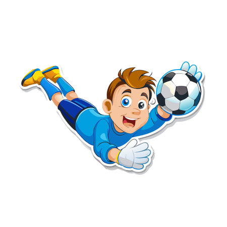 Cartoon soccer goalkeeper dives to catch the football ballのイラスト素材