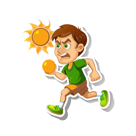 Cartoon boy running with ball under bright hot sunのイラスト素材
