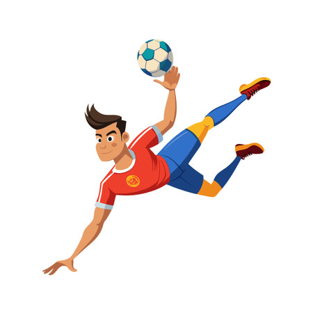 Cartoon Soccer Player Kicking Ball Mid Air Isolatedのイラスト素材