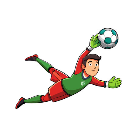 Cartoon goalkeeper diving to catch a teal soccer ballのイラスト素材