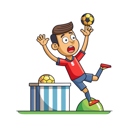 Cartoon soccer player juggling a ball, surprised reactionのイラスト素材