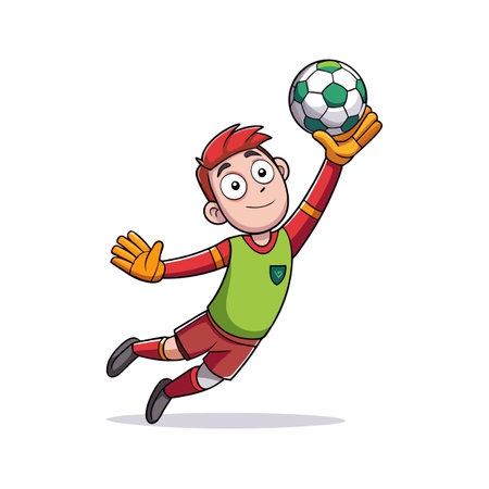 Cartoon goalkeeper diving to catch soccer ball in actionのイラスト素材
