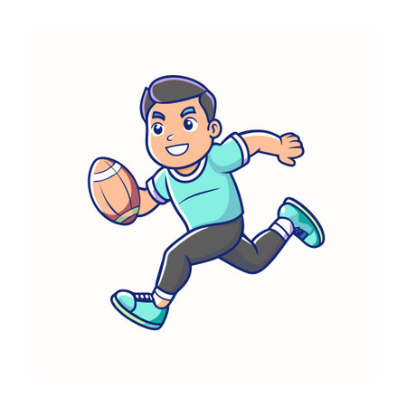 Cartoon boy runs with football in vibrant vector styleのイラスト素材