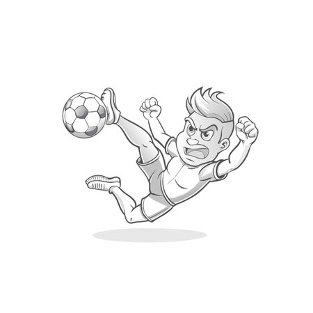 Cartoon soccer player powerfully kicks a soccer ball mid-airのイラスト素材