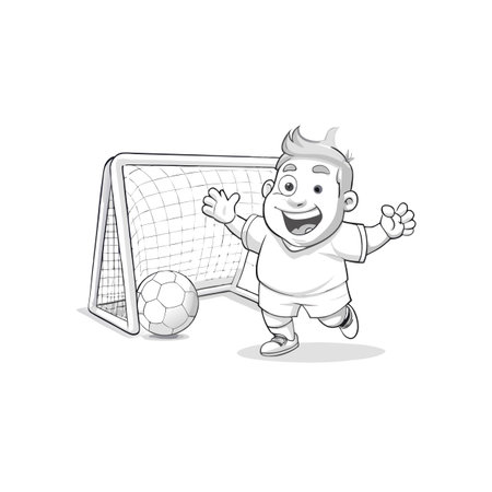 Cartoon soccer player celebrates scoring a goal in blackwhiteのイラスト素材
