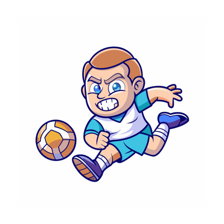 Cartoon soccer player character kicking ball with fierce expressionのイラスト素材