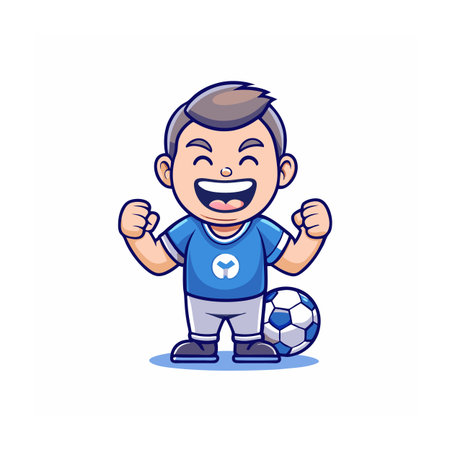 Excited boy with soccer ball cheering team victory illustrationのイラスト素材