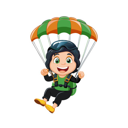 Cartoon girl parachuting with a green and orange parachuteのイラスト素材