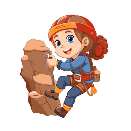 Cartoon girl climbing rock wall with safety equipmentのイラスト素材