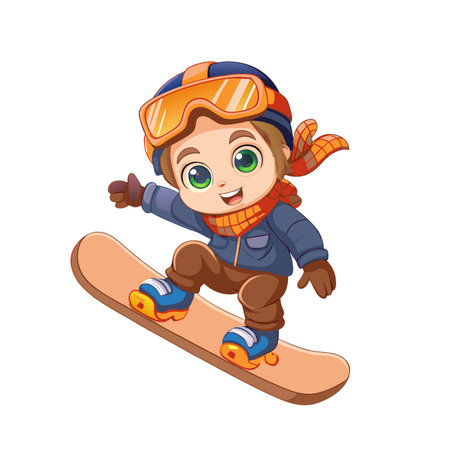 Cartoon boy snowboarding with winter gear on the mountainのイラスト素材