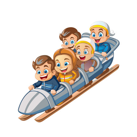 Cartoon children enjoying a fun winter bobsled rideのイラスト素材