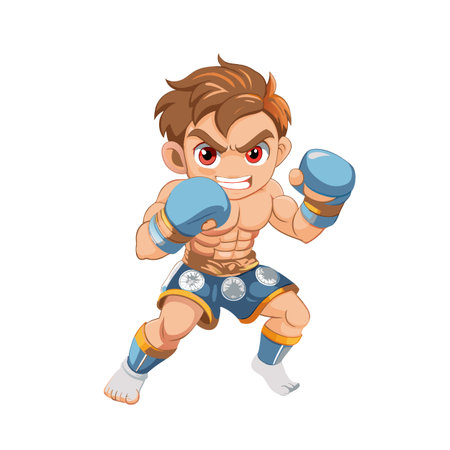 Cartoon Muay Thai Fighter in Traditional Stance Ready To Strikeのイラスト素材