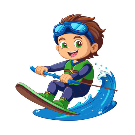 Cartoon boy waterskiing behind a wave, fun water sportのイラスト素材