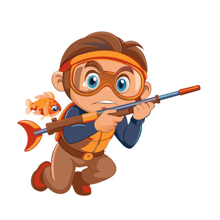 Cartoon diver with speargun hunting goldfish illustration stock imageのイラスト素材