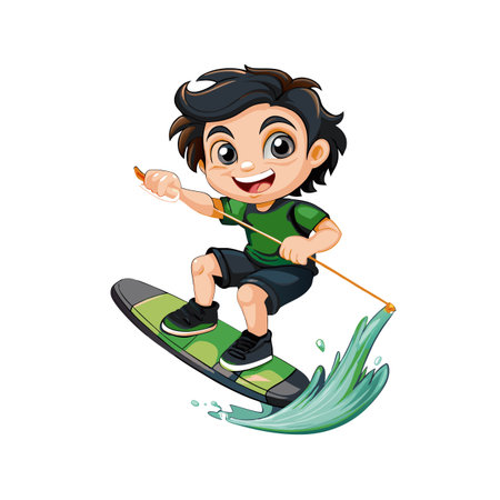 Cartoon boy wakeboarding with water splash vector illustrationのイラスト素材