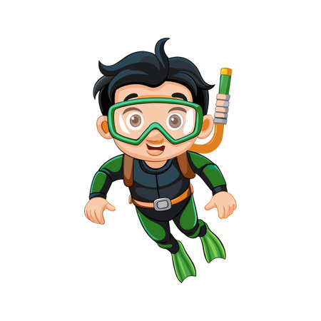 Cartoon scuba diver swimming underwater in diving gearのイラスト素材