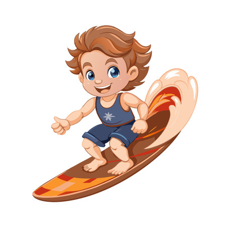 Cartoon surfer boy riding surfboard isolated on white backgroundのイラスト素材